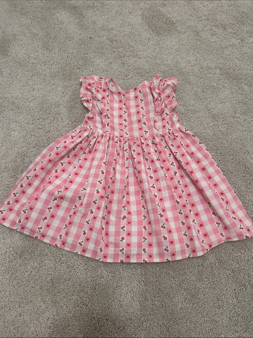 NEXT Pink Gingham Dress with Cherry Print and Ruffle Shoulders